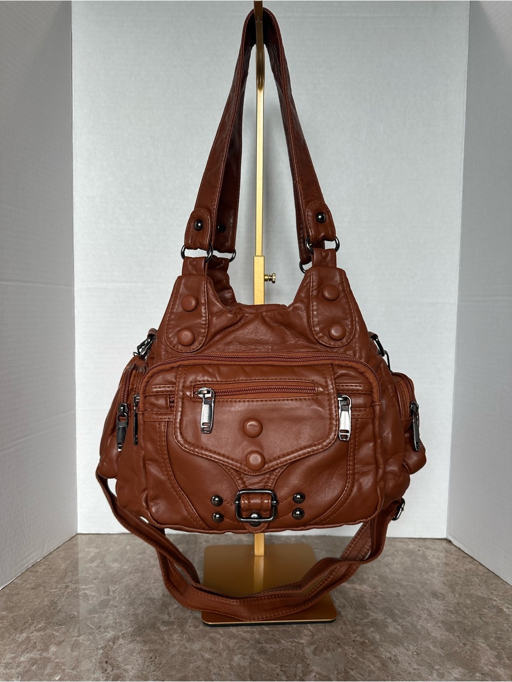 Y2K Multi Pocket Hobo Shoulder Bag Brown Faux Leather Utility Crossbody Grunge
